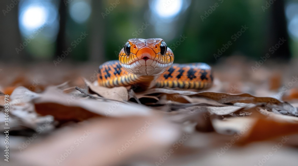 Poster captivating close-up of an orange snake with a black patterned back, poised among fallen leaves. the
