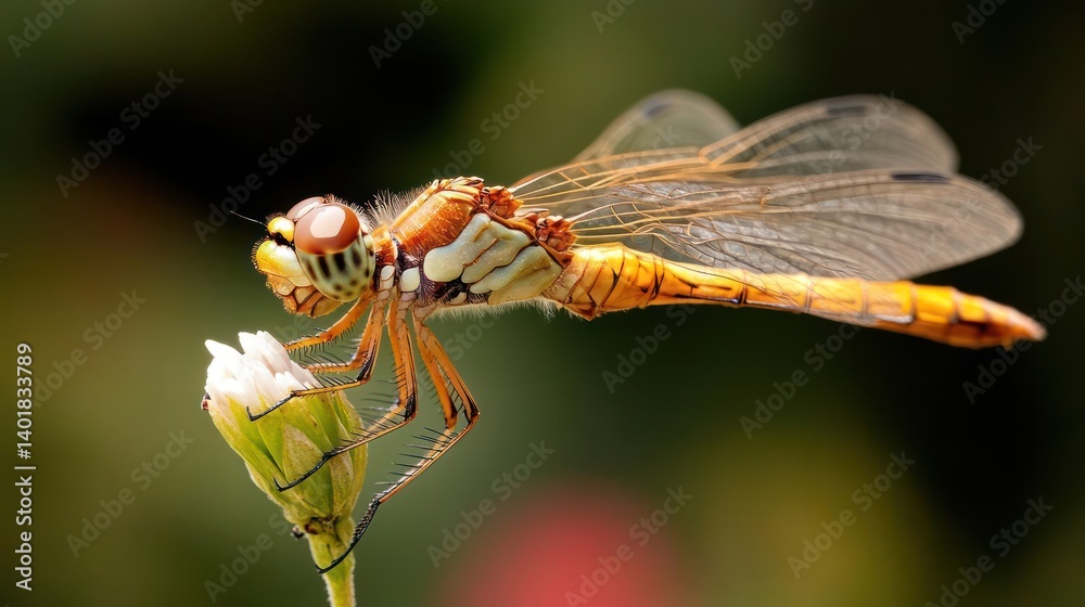 Poster Close-up image of an orange dragonfly perched on a budding white flower. The dragonfly is in sharp focus, highlighting its intricate wing details. The background consists of blurred greenery