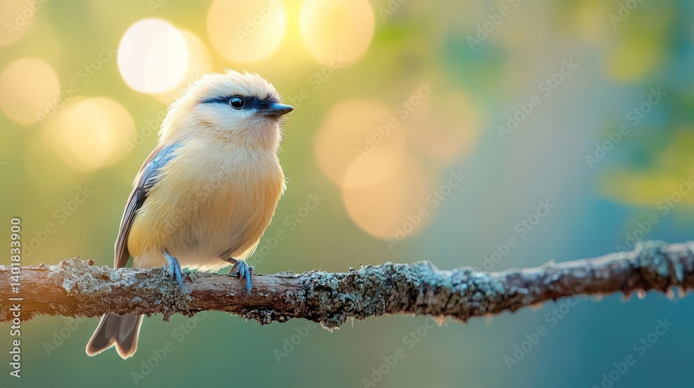 Poster close up of a cute fluffy yellowish bird perching on a lichen covered branch with a blurred sunny ba