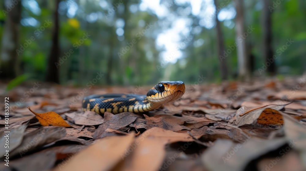 Poster A snake with black, orange, and yellow markings slithers across a path covered with brown leaves, set against a backdrop of a blurred forest with tall trees and hints of blue sky. The focus is sharp