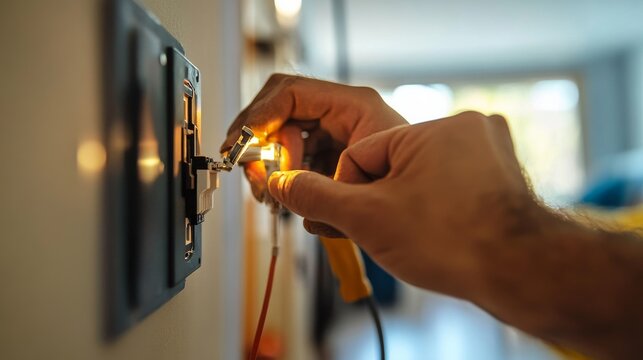 Electrician fixing a light switch in a modern living room. Featuring technical expertise and focus