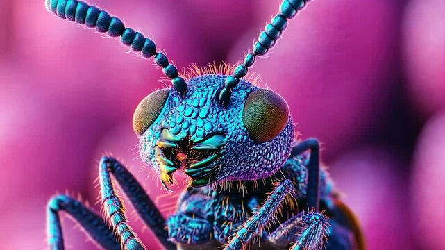 Close-up vibrant insect in pink bokeh