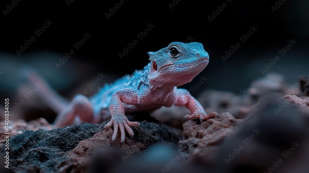 Poster this close-up shot showcases a lizard with intricate patterns in shades of gray, pink, and red, set 
