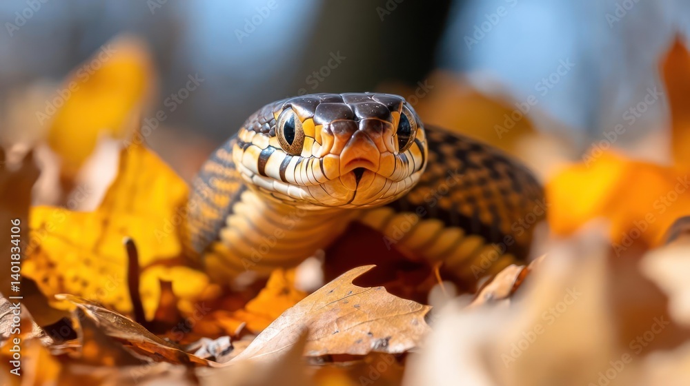 Poster close up shot of a yellow rat snake with black head resting on dry leaves with a blurred light blue 