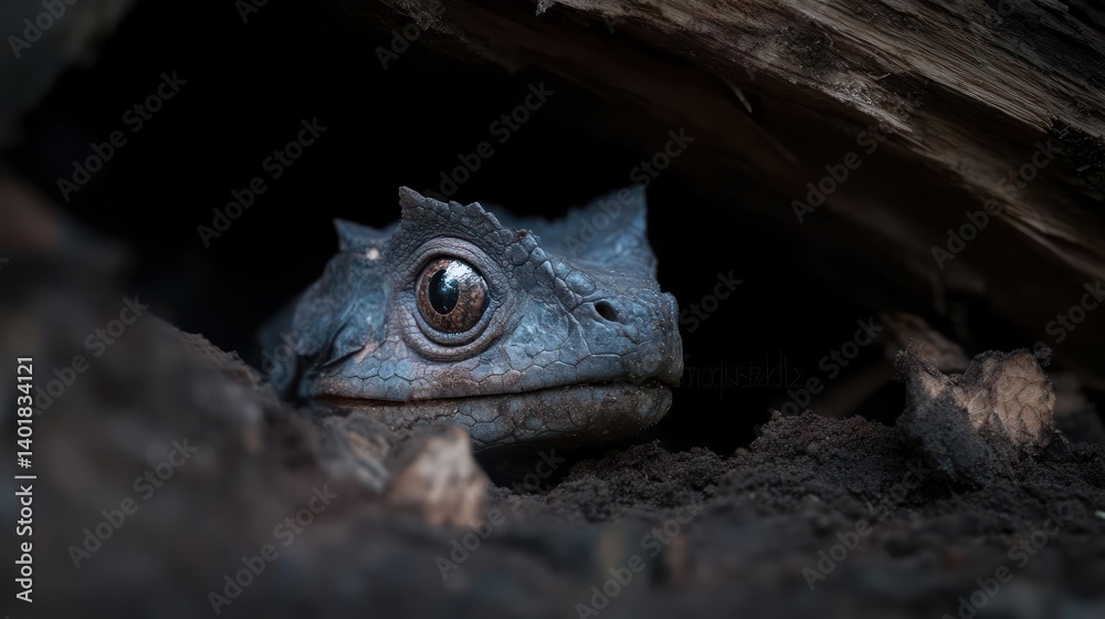 Poster close-up of a rough textured brown lizard with prominent eyes emerging from a dark hole under a fall