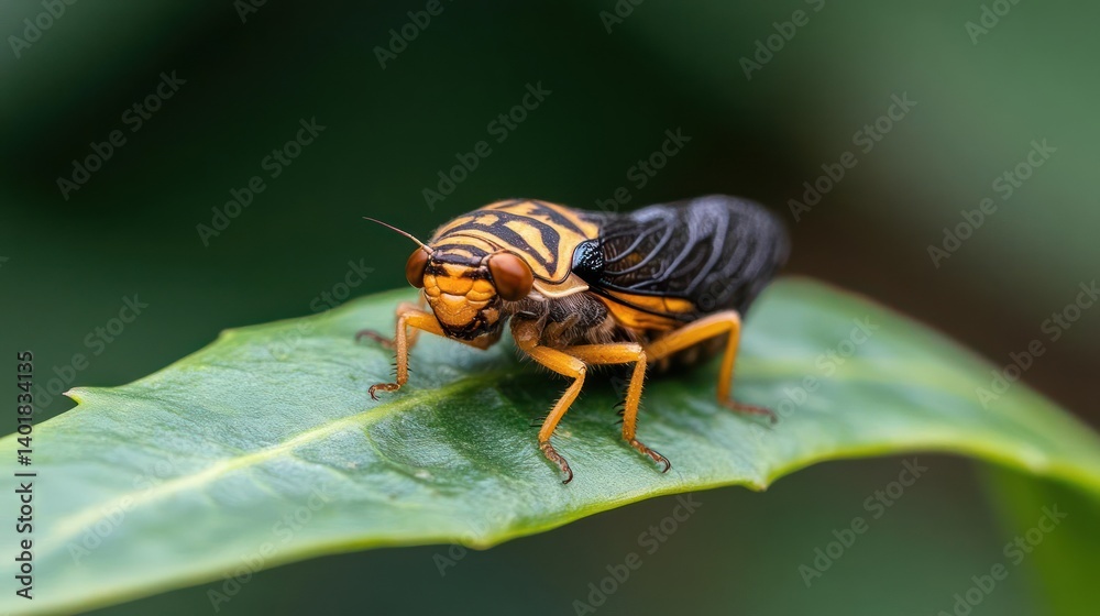 Poster close-up shot of a colorful insect with orange and black markings perched on a green leaf, set again