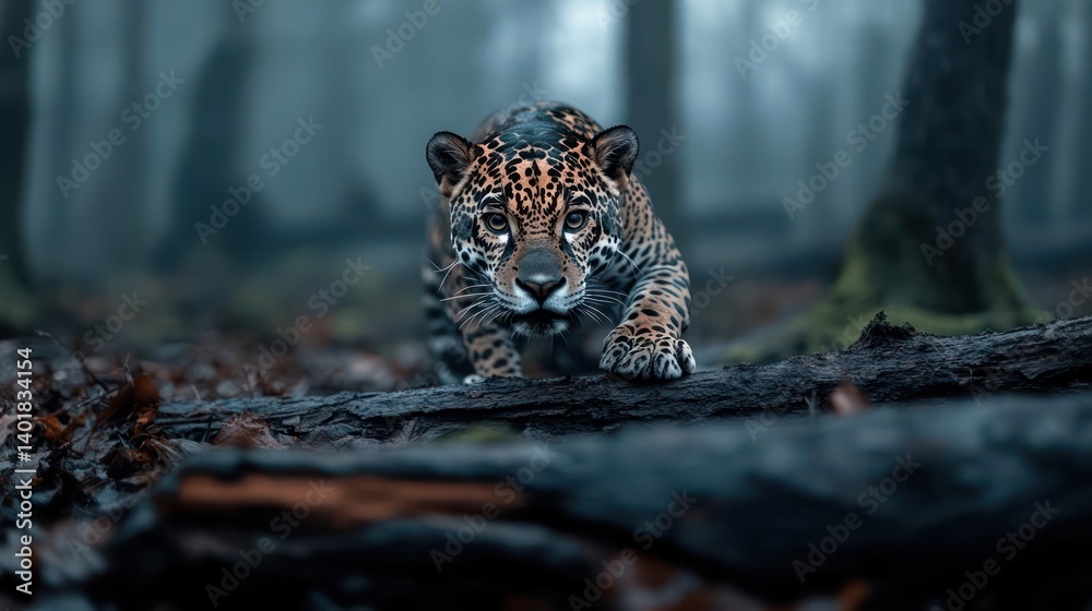 Aufkleber a jaguar walks on a log in a misty forest. the jaguar's patterned fur stands out against the dim bac