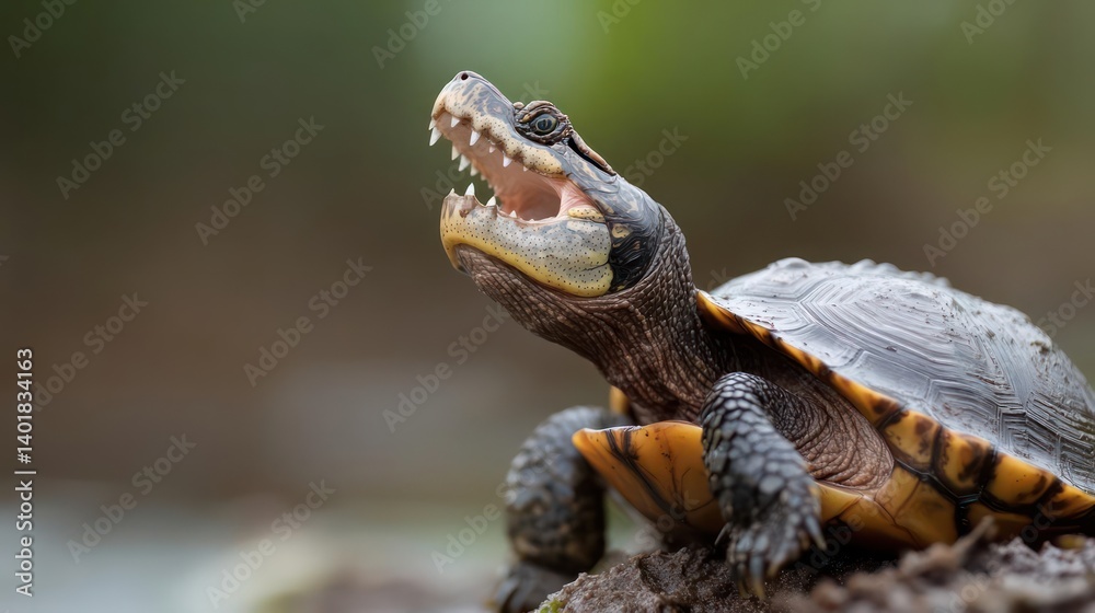 Poster this close-up shot features a brown turtle with an open mouth and visible teeth, standing on a dirt 
