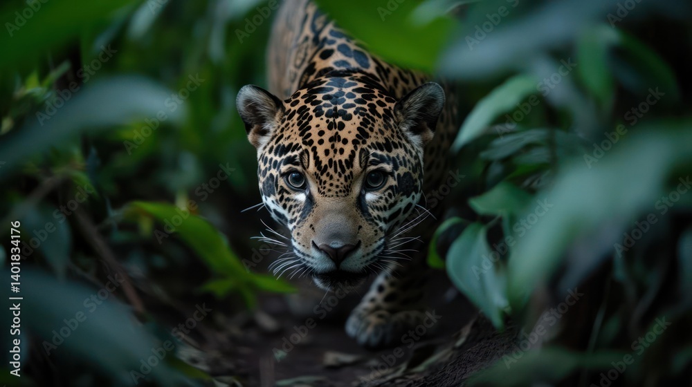 Poster close-up shot of a jaguar walking through dense foliage. the jaguar's distinct spotted coat is visib