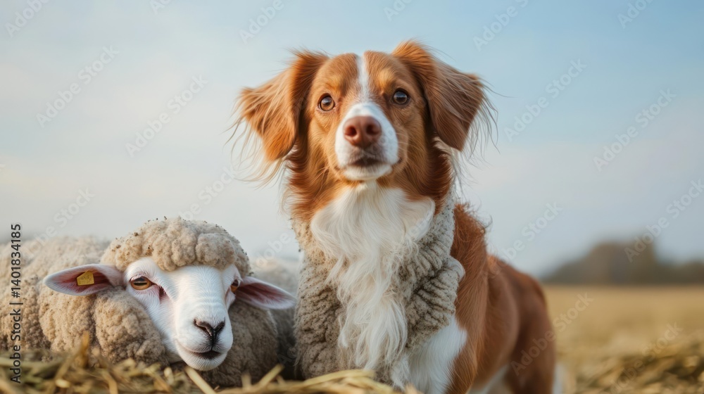 Poster A close-up image shows a red and white dog standing closely beside a white sheep in a sunlit field. The dog looks directly at the camera with soft focus and shallow depth of field, creating a warm