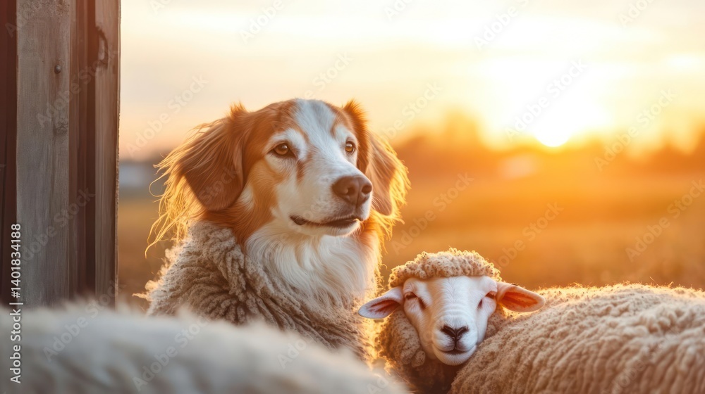 Poster close-up shot of a dog and a sheep standing side by side in a field during sunset. the dog has white