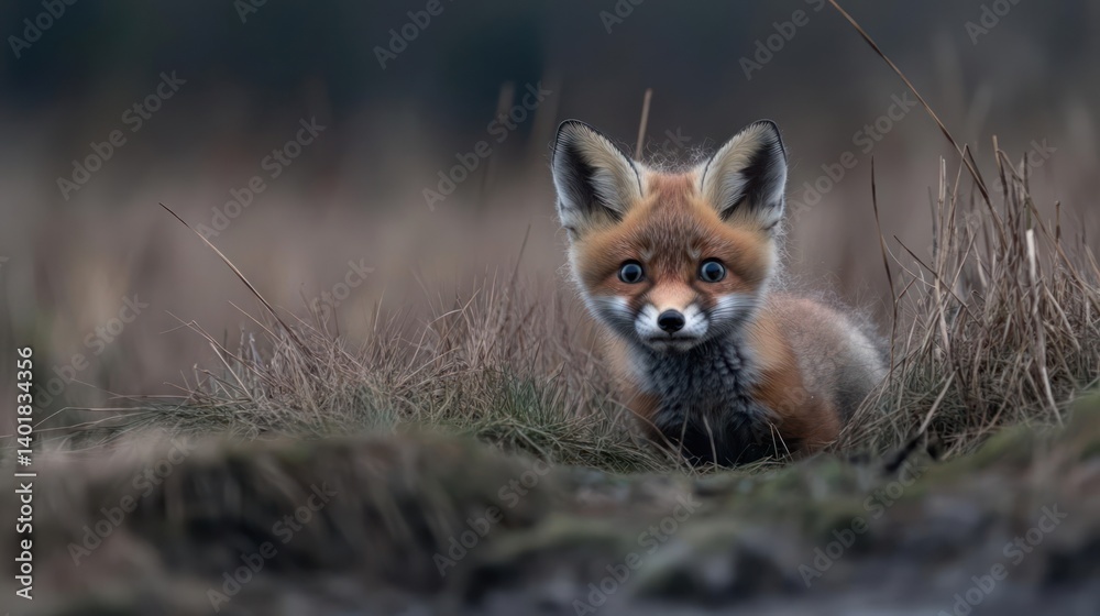 Poster adorable close up of a red fox kit with distinctive eyes in a field of dry grass. soft, diffused lig
