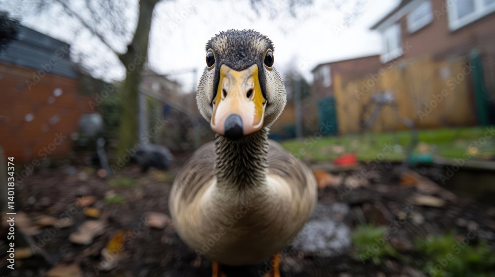 Poster close-up of a brown and grey duck with an orange beak standing on leaves in a backyard. the duck is 