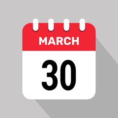 30 march calendar icon vector background. Vector schedule symbol.