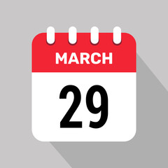 29 march calendar icon vector background. Vector schedule symbol.