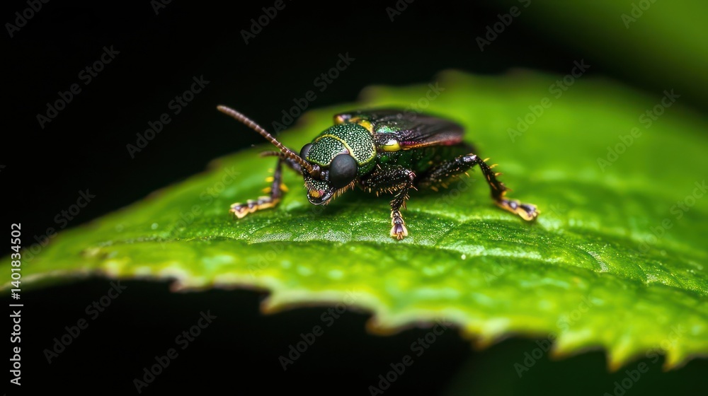Aufkleber close up image of a beetle with green and black coloring on a leaf with black background. the beetle