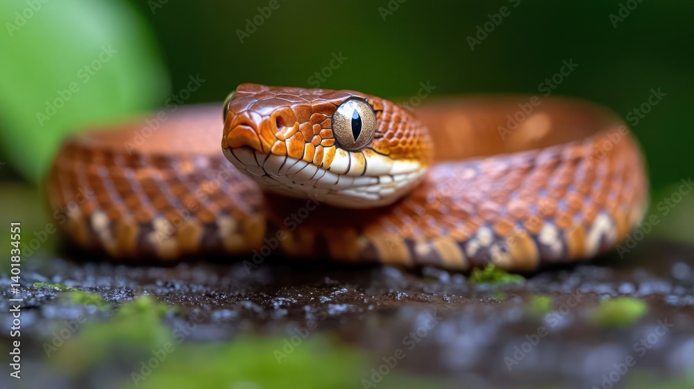 Aufkleber close up shot of an orange snake coiled on a mossy surface, looking directly at the camera, with a b