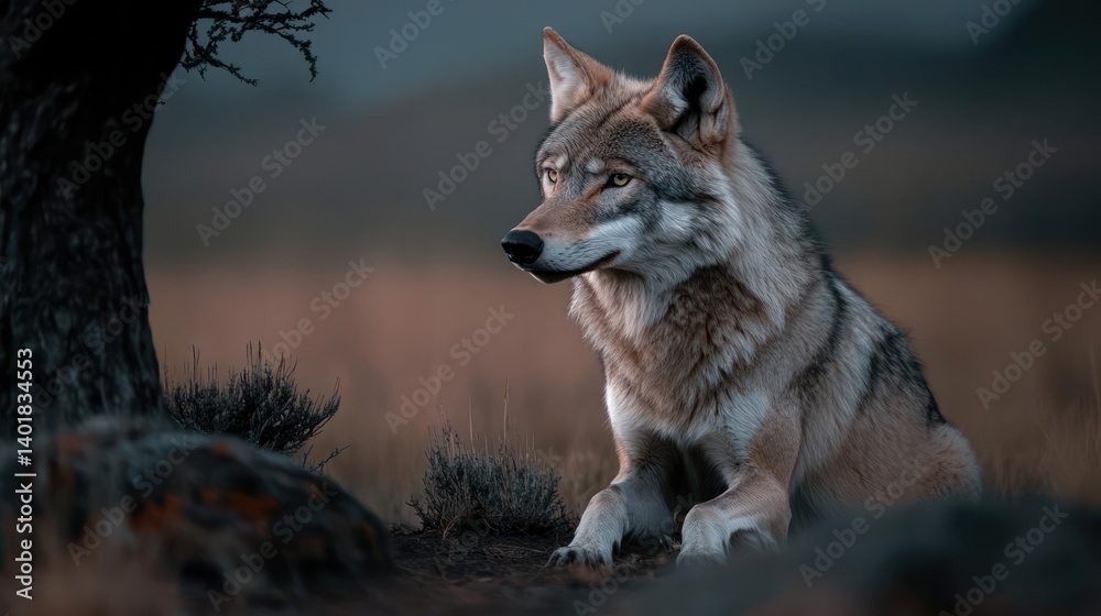 Poster a medium shot of a wolf under a tree on blurred background, it features natural earth tones and a st