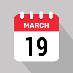 19 march calendar icon vector background. Vector schedule symbol.