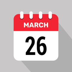 26 march calendar icon vector background. Vector schedule symbol.