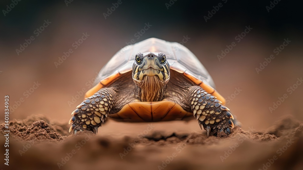 Poster eye-level close up of a yellow-bellied turtle with patterned shell standing on light brown sand. the