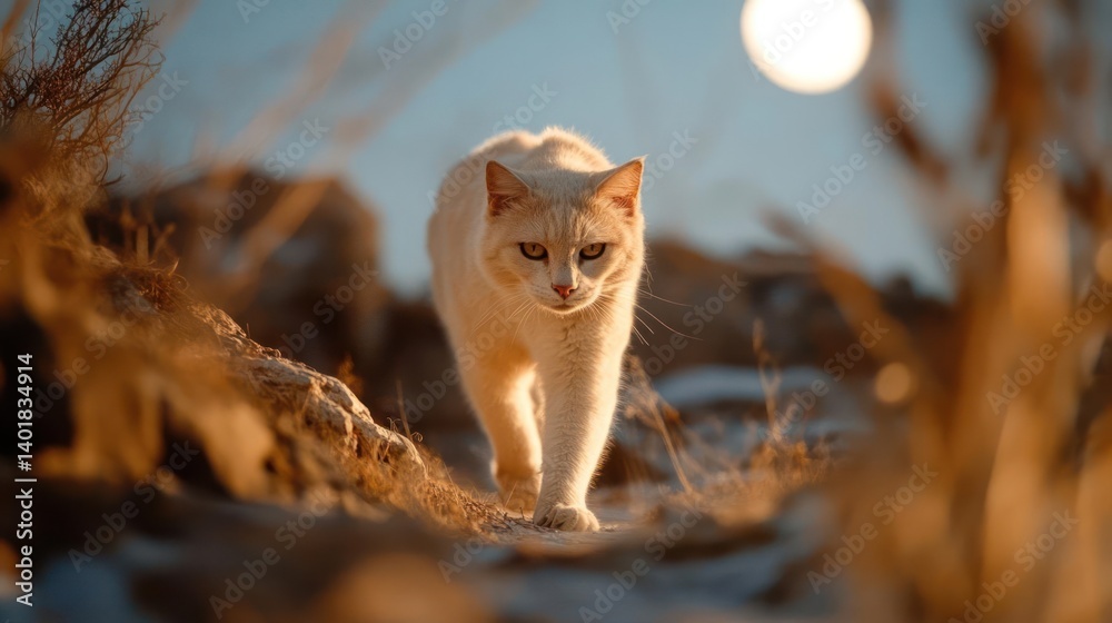 Aufkleber a focused pallid cat with yellow eyes strides forward on sandy terrain, framed by dry grass, bathed 