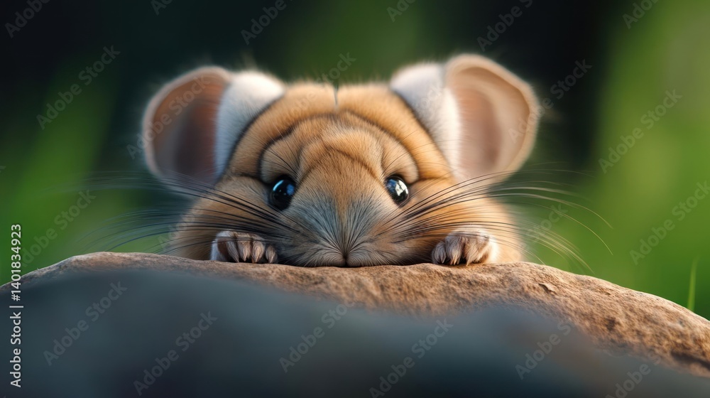 Poster A low-angle close-up of a small brown rodent with big ears resting its front paws on a dirt mound with a shallow depth of field showing a green blurred background, focusing on the rodent's face and