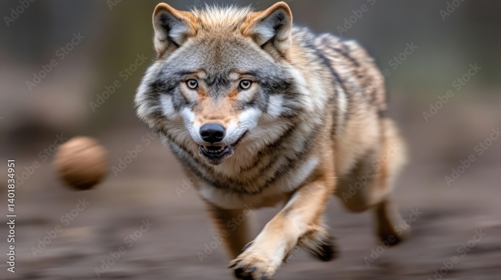 Poster focused wolf runs towards the viewer on blurred brown background. the canid predator with alert eyes