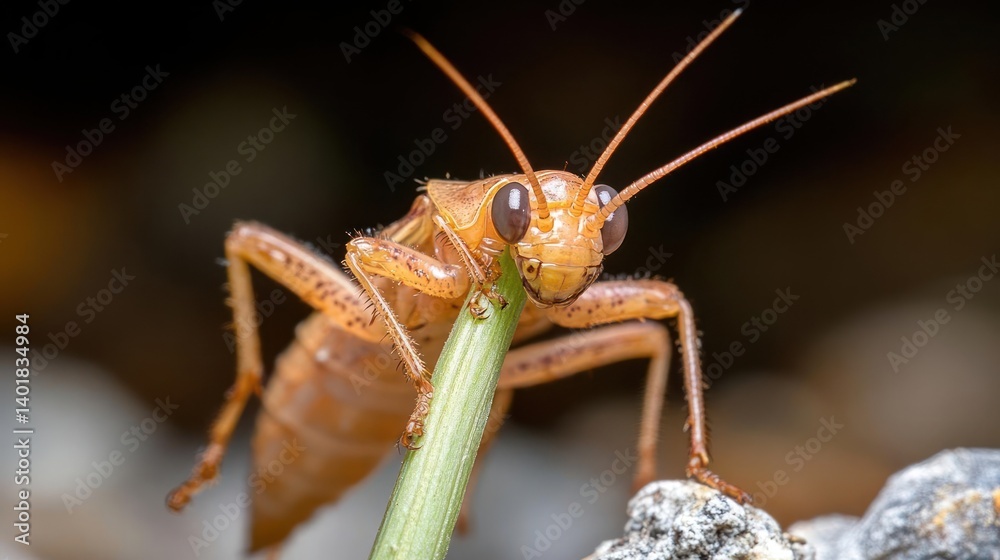 Poster macro shot of a vibrant orange grasshopper nymph clings to a slender green stem against a blurry bac