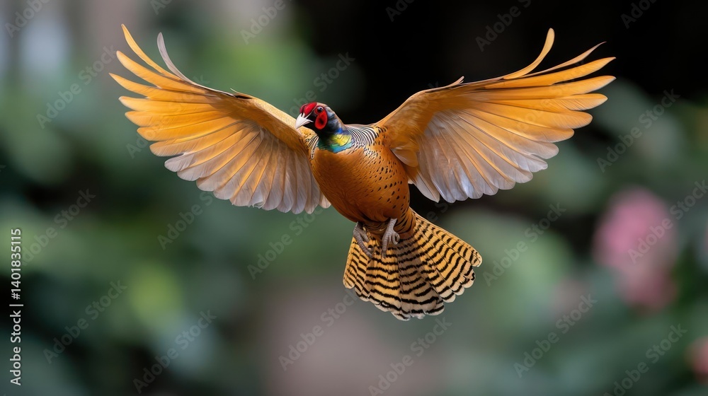 Poster close up shot of a vibrant pheasant in flight with a bokeh background. the bird's wings are fully sp