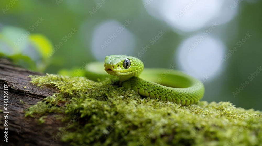 Poster close-up shot of a bright green viper snake coiled on a mossy branch, showcasing its vibrant color a