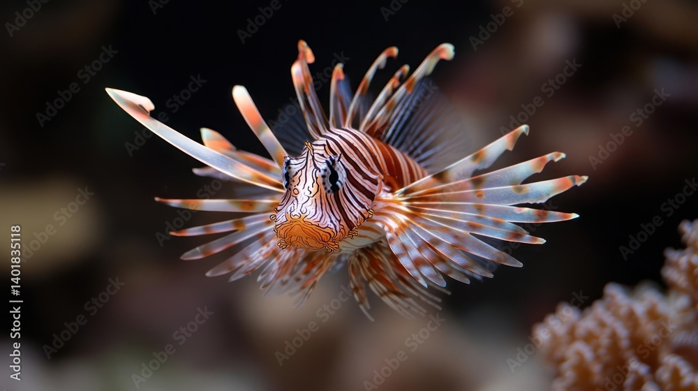 Poster Close up of a red lionfish displaying its intricate patterns and feathery fins against a blurred background of coral. The shot highlights the fish's vibrant colors and unique form in its natural