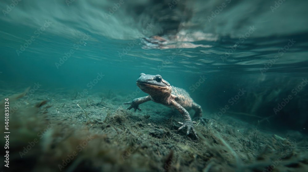 Poster underwater shot of a marbled newt resting on a bed of aquatic plants, captured in a low-angle perspe
