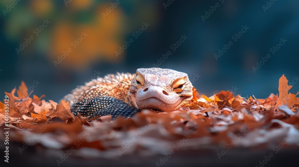 Poster close-up of a reptile nestled among fallen autumn leaves. the reptile, showcasing hues of orange and