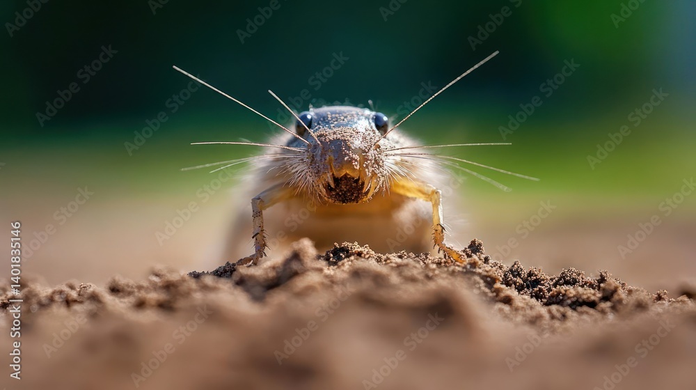 Poster a close-up shot of a gopher emerging from a mound of dirt, its fur detailed in shades of tan and bro