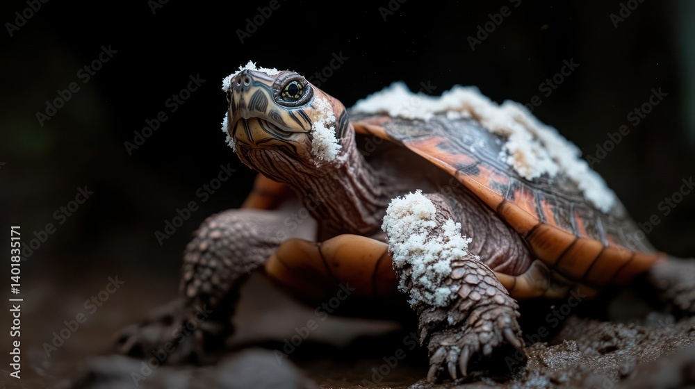 Aufkleber Close up of a turtle with speckled shell and dark background. The turtle is covered with patches of white spots, possibly indicating an infection or natural pattern, focusing on its textured skin and