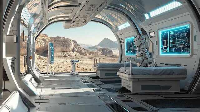 Futuristic medical facility on another planet with robotic assistance and scenic landscape