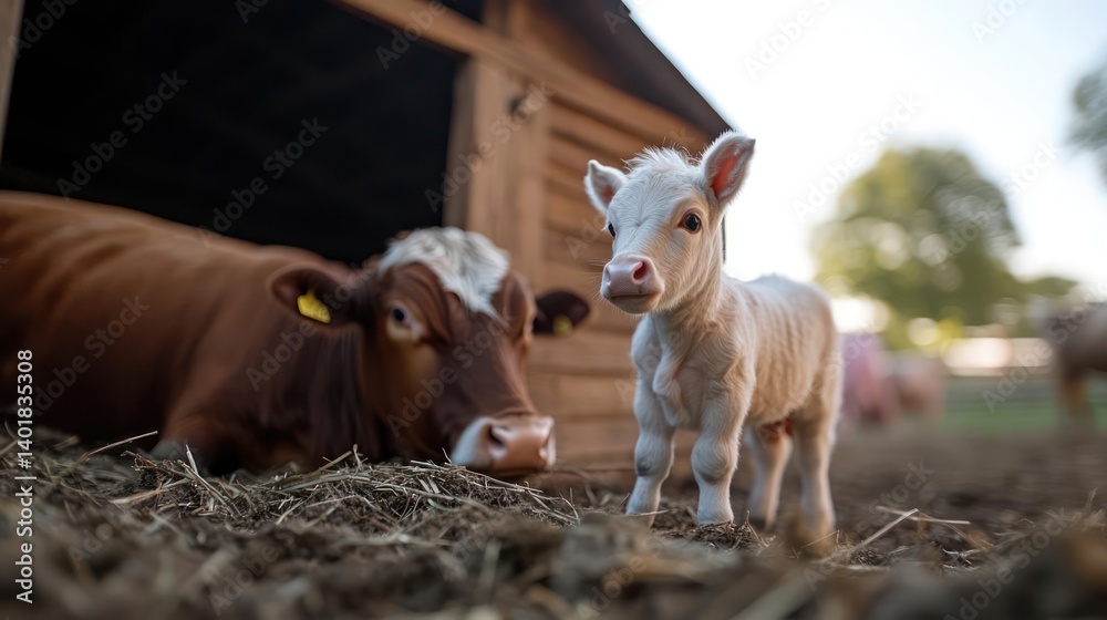 Poster close-up shot of a small white calf standing on a patch of dirt, with a brown cow lying down in the 