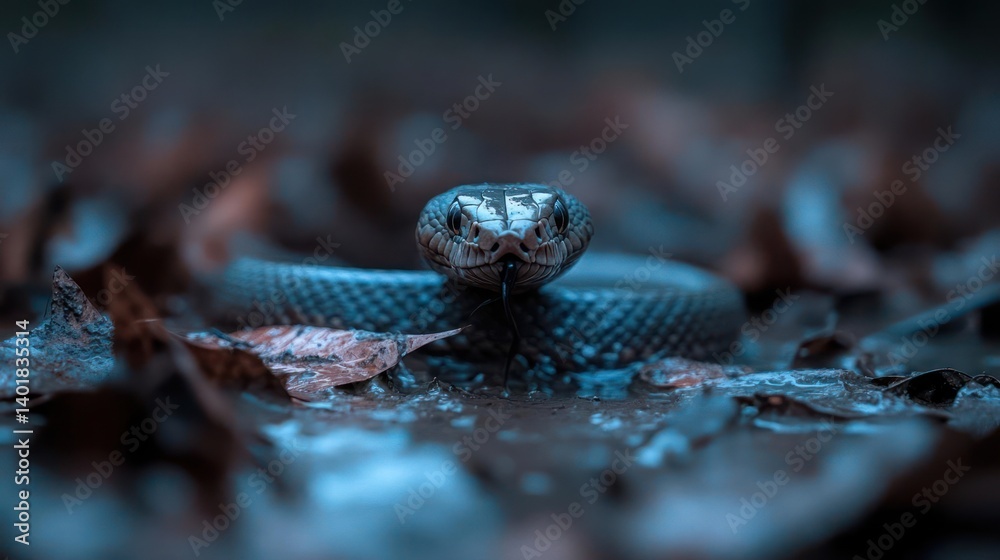 Poster a snake with its body coiled is positioned in a puddle, surrounded by fallen leaves. the snake's hea
