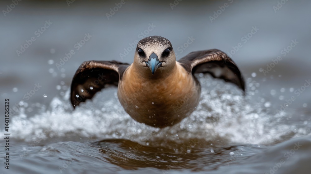 Poster a skua is captured in motion, appearing to fly just above the water's surface with wings spread. wat