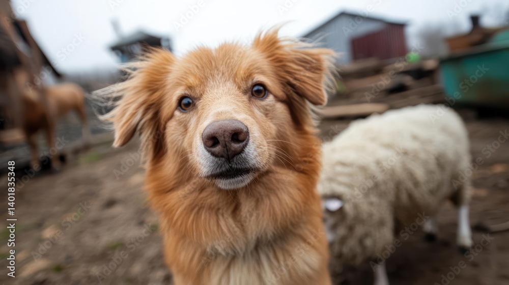 Poster Close up shot of a fluffy reddish-brown dog with a wet nose looking directly into the camera, with a sheep in the background and a blurred out farm environment on a cloudy day
