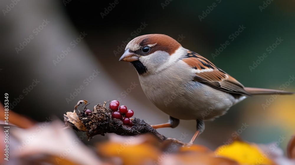 Poster Close up shot of a Sparrow perched on a brown tree branch and eating red berries. The bird is surrounded by golden leaves. Background is a beautiful bokeh of Autumn colors