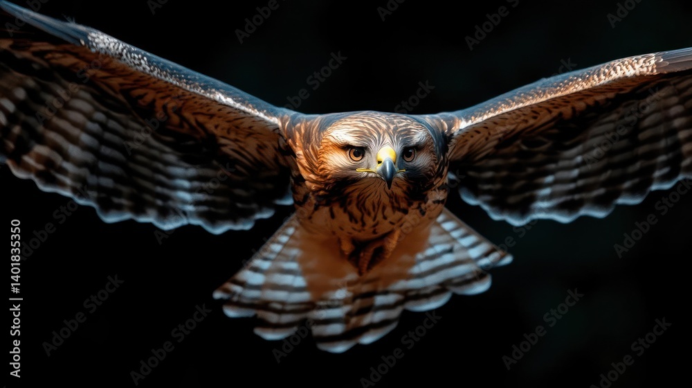 Poster captured in sharp detail, a hawk soars against a stark black background. its patterned brown and whi