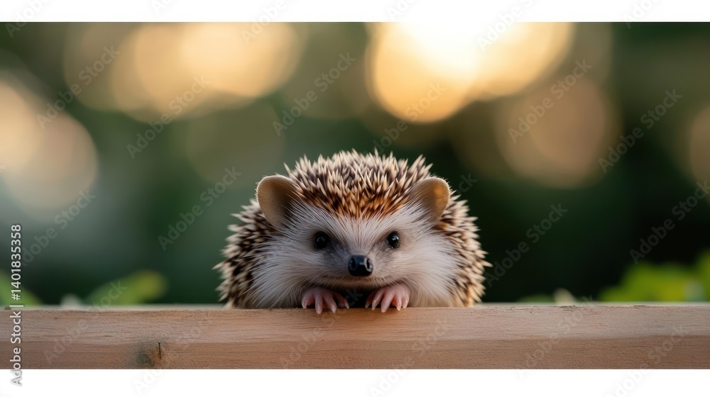 Aufkleber close up of a small hedgehog peering over a light brown wooden fence. the background shows soft out 