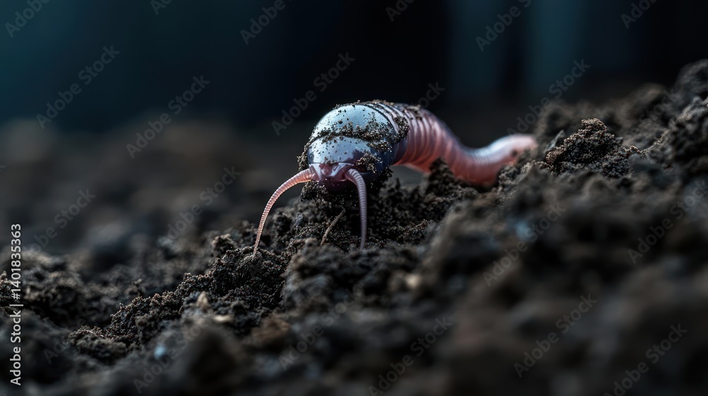Poster Close-up of an earthworm crawling on rich, dark soil under dim lighting. The worm is pink with a segmented body, moving across the textured surface of the soil. The background is blurred