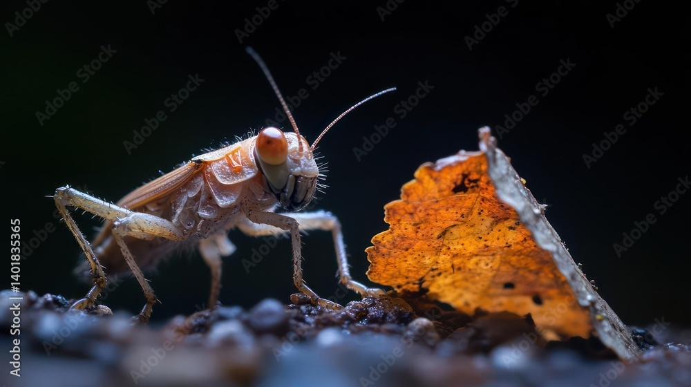 Poster macro shot of a light brown grasshopper on dark soil next to a vibrant orange leaf. the insect is de