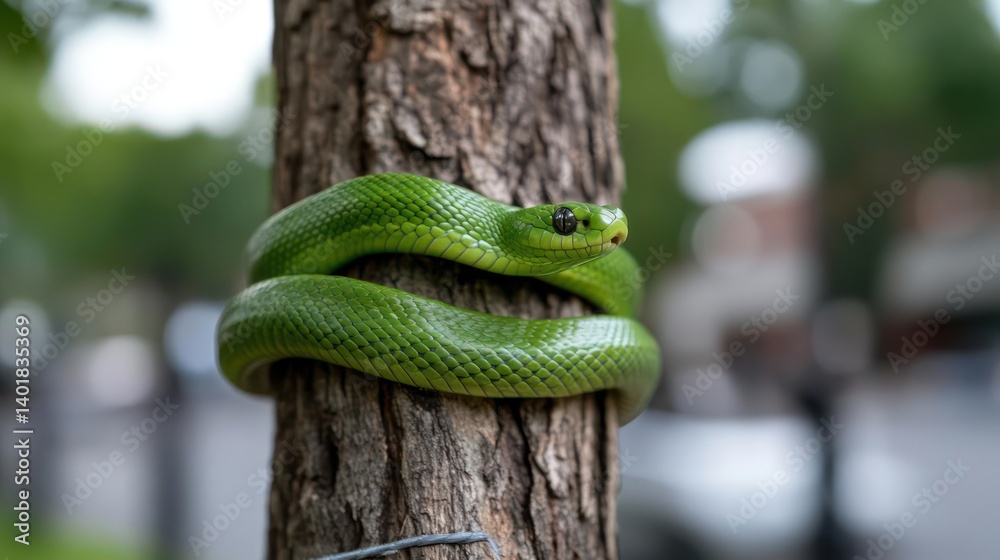 Poster a bright green snake is coiled around the rough, textured bark of a tree, set against a blurred back