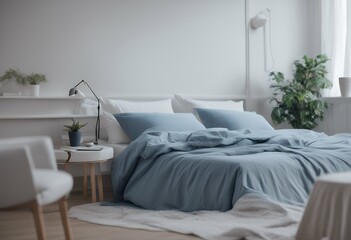 tables photo lamp plant bedding real cushions bed next white standing interior books bedroom blue pastel bright house background pillow light natural bedchamber flat design home modern window cushion