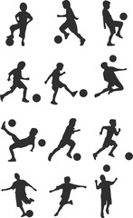 Silhouette Set of Kids Playing Football – Children Soccer Action Icons Collection