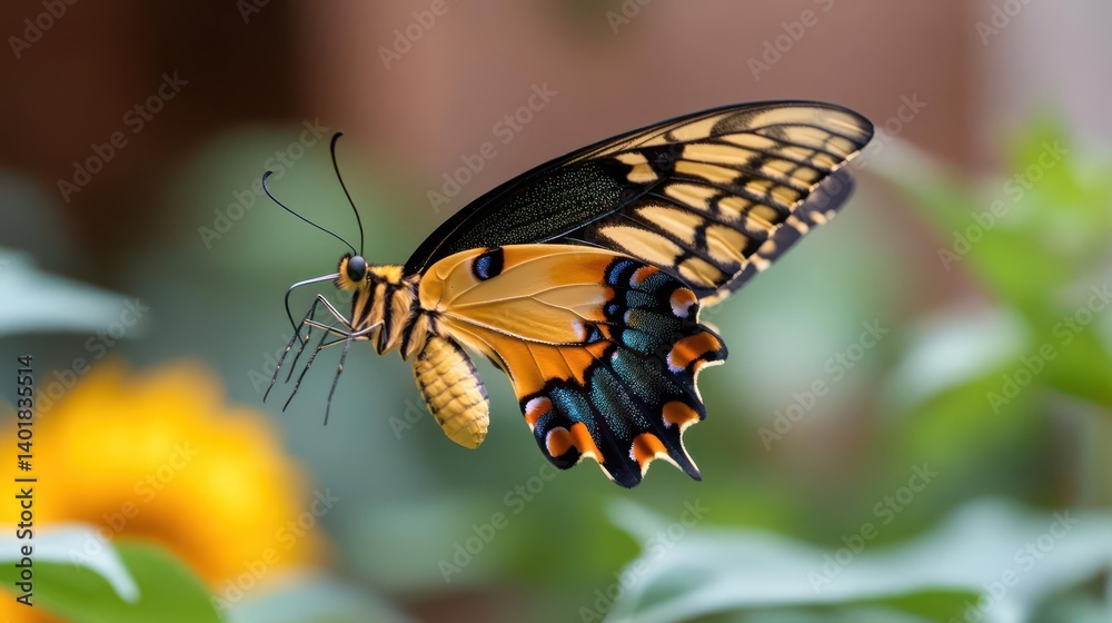 Aufkleber close up of a butterfly with wings displaying yellow, black, and orange coloration, captured in mid-